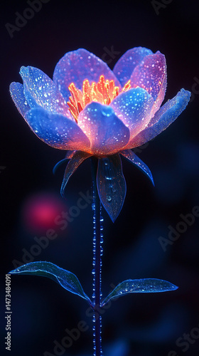Glowing light baby blue peony flowers illuminated with ethereal spectrum light effects. Symbolizes beauty, purity, and serenity in a dreamy, artistic floral composition with soft glowing hues.

