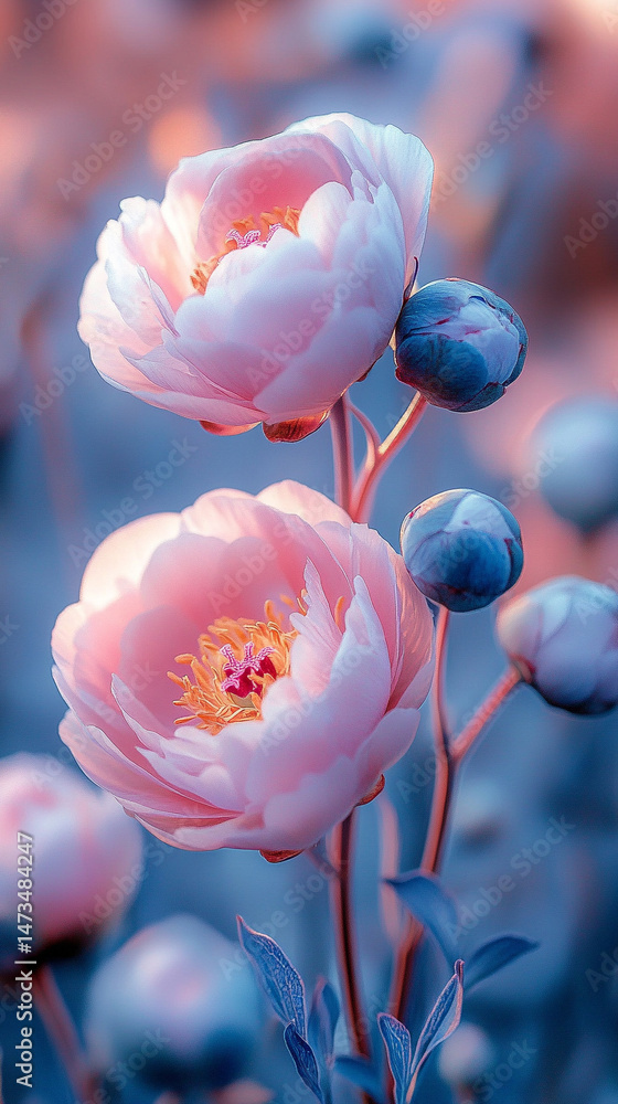 Glowing light baby blue peony flowers illuminated with ethereal spectrum light effects. Symbolizes beauty, purity, and serenity in a dreamy, artistic floral composition with soft glowing hues.