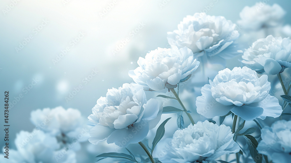 Glowing light baby blue peony flowers illuminated with ethereal spectrum light effects. Symbolizes beauty, purity, and serenity in a dreamy, artistic floral composition with soft glowing hues.