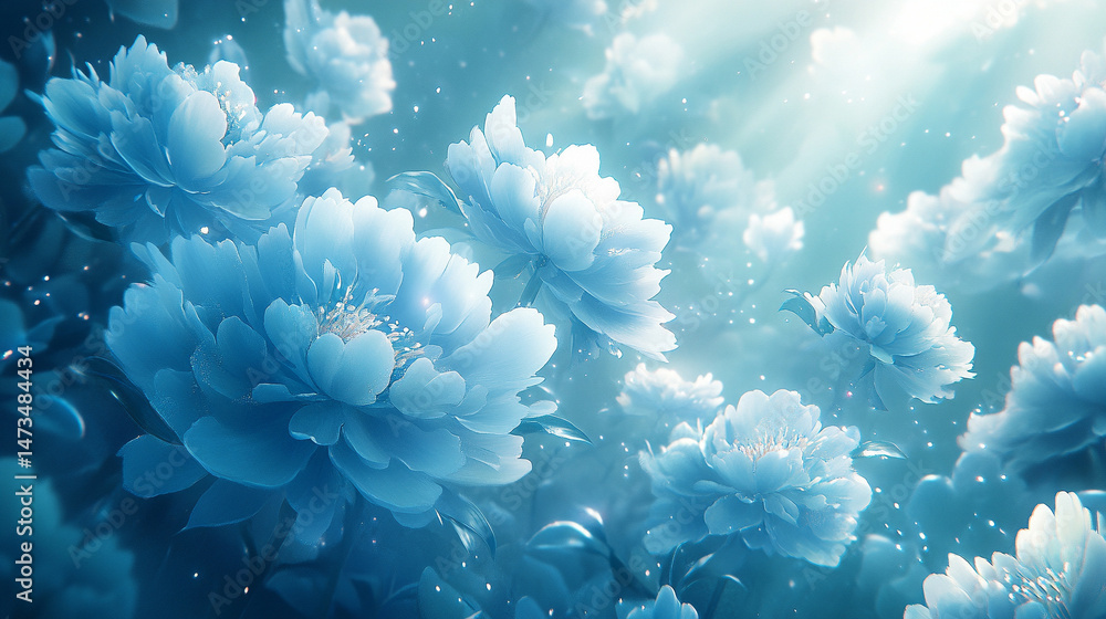 Glowing light baby blue peony flowers illuminated with ethereal spectrum light effects. Symbolizes beauty, purity, and serenity in a dreamy, artistic floral composition with soft glowing hues.