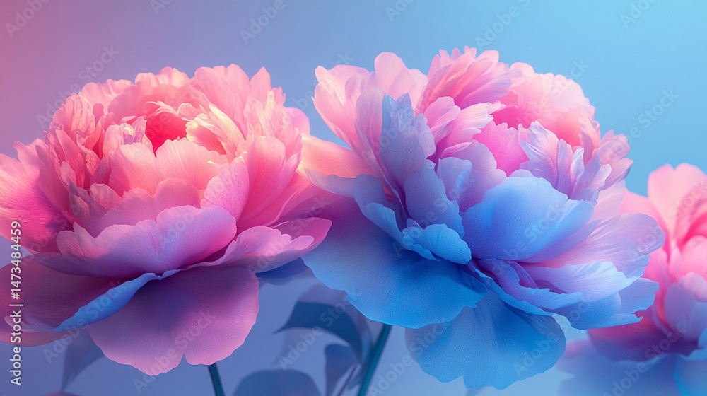 Glowing light baby blue peony flowers illuminated with ethereal spectrum light effects. Symbolizes beauty, purity, and serenity in a dreamy, artistic floral composition with soft glowing hues.