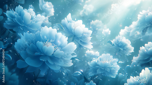 Obraz na płótnie Glowing light baby blue peony flowers illuminated with ethereal spectrum light effects. Symbolizes beauty, purity, and serenity in a dreamy, artistic floral composition with soft glowing hues.
w salonie