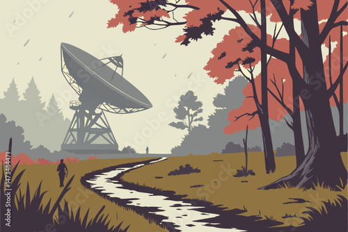 68 wide angle shot of a large radio telescope dish in a misty forest landscape, autumn colors, wet grassy pathway leading to telescope, moody and atmospheric scene, detailed, photorealistic, dramatic 