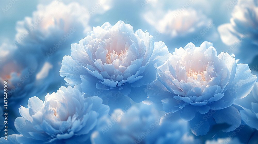 Glowing light baby blue peony flowers illuminated with ethereal spectrum light effects. Symbolizes beauty, purity, and serenity in a dreamy, artistic floral composition with soft glowing hues.