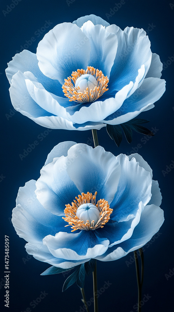 Glowing light baby blue peony flowers illuminated with ethereal spectrum light effects. Symbolizes beauty, purity, and serenity in a dreamy, artistic floral composition with soft glowing hues.