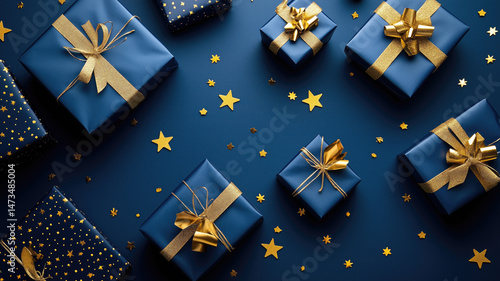 An elegant composition of gift boxes wrapped in deep blue paper with shiny gold ribbons arranged on a rich blue background. The scene includes gold star decorations and scattered gold confetti, enhan