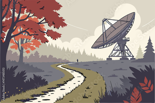 68 wide angle shot of a large radio telescope dish in a misty forest landscape, autumn colors, wet grassy pathway leading to telescope, moody and atmospheric scene, detailed, photorealistic, dramatic 