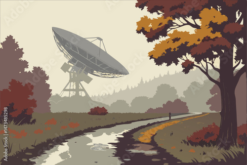 68 wide angle shot of a large radio telescope dish in a misty forest landscape, autumn colors, wet grassy pathway leading to telescope, moody and atmospheric scene, detailed, photorealistic, dramatic 