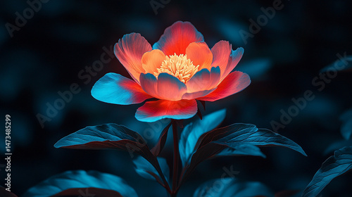 Obraz na płótnie Glowing light baby blue peony flowers illuminated with ethereal spectrum light effects. Symbolizes beauty, purity, and serenity in a dreamy, artistic floral composition with soft glowing hues.
w salonie
