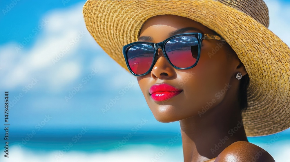 A joyful woman stands on the beach, wearing a large straw hat and oversized round sunglasses.