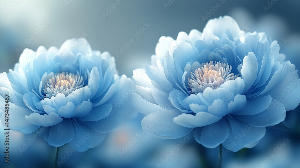 Glowing light baby blue peony flowers illuminated with ethereal spectrum light effects. Symbolizes beauty, purity, and serenity in a dreamy, artistic floral composition with soft glowing hues.
