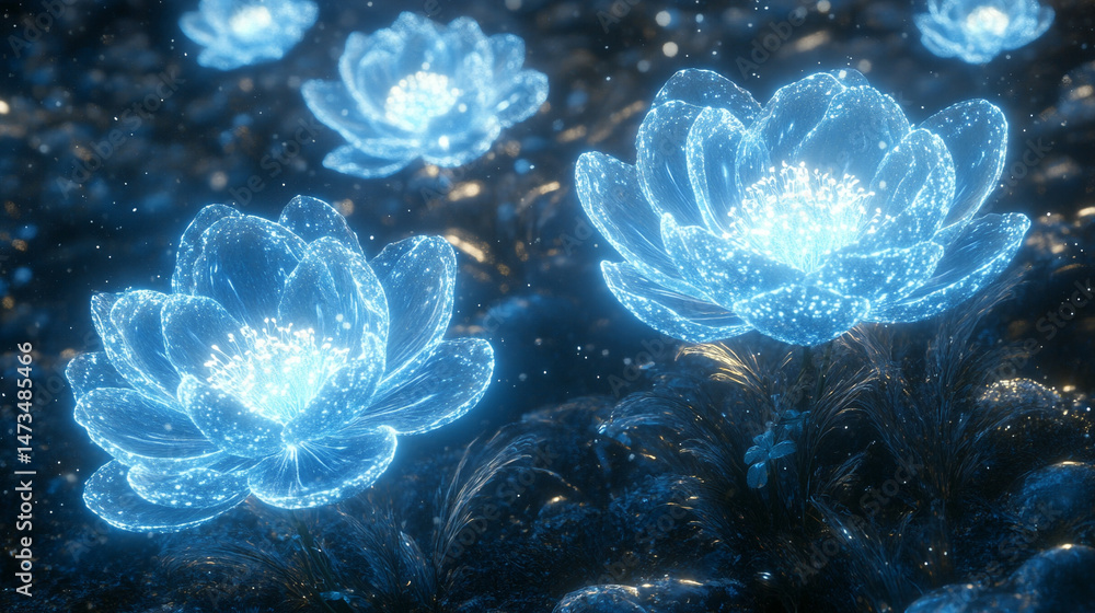 Glowing light baby blue peony flowers illuminated with ethereal spectrum light effects. Symbolizes beauty, purity, and serenity in a dreamy, artistic floral composition with soft glowing hues.