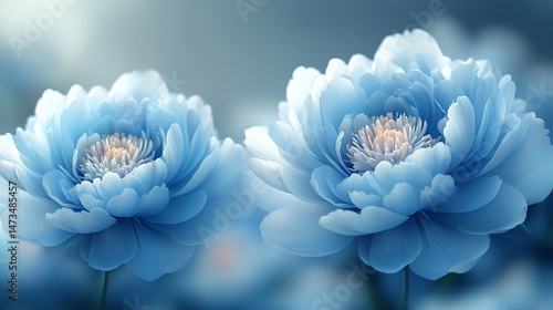 Obraz na płótnie Glowing light baby blue peony flowers illuminated with ethereal spectrum light effects. Symbolizes beauty, purity, and serenity in a dreamy, artistic floral composition with soft glowing hues.
w salonie