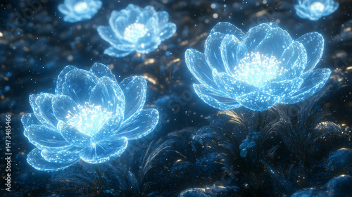 Obraz na płótnie Glowing light baby blue peony flowers illuminated with ethereal spectrum light effects. Symbolizes beauty, purity, and serenity in a dreamy, artistic floral composition with soft glowing hues.
w salonie