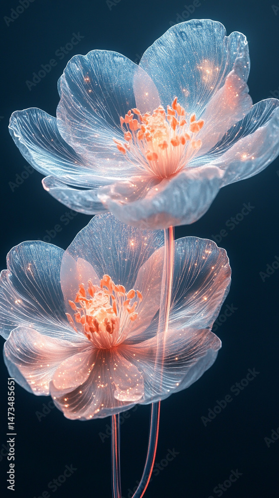 Glowing light baby blue peony flowers illuminated with ethereal spectrum light effects. Symbolizes beauty, purity, and serenity in a dreamy, artistic floral composition with soft glowing hues.