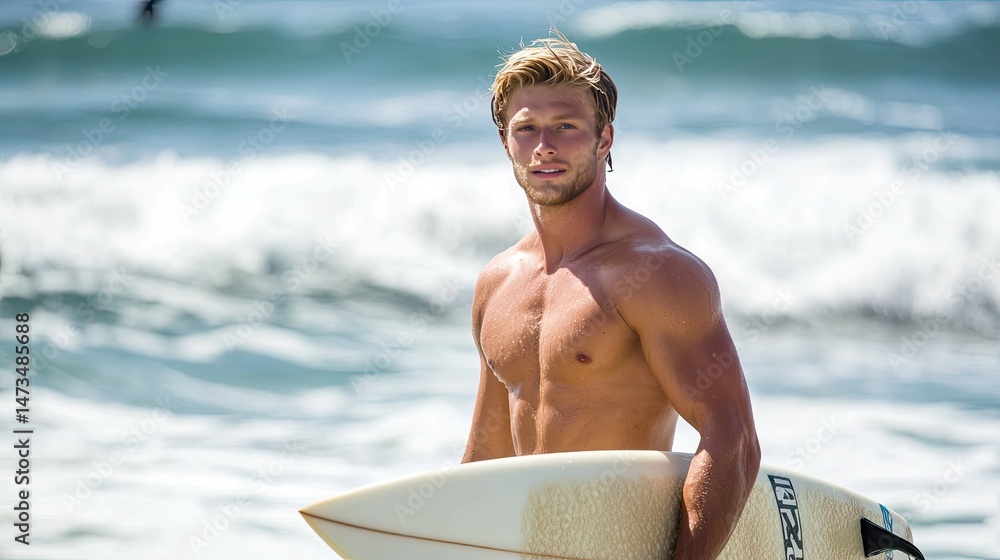 A male surfer in a black wetsuit is walking out of the ocean, holding a yellow surfboard under his arm.