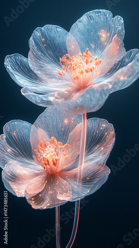 Obraz na płótnie Glowing light baby blue peony flowers illuminated with ethereal spectrum light effects. Symbolizes beauty, purity, and serenity in a dreamy, artistic floral composition with soft glowing hues.
w salonie
