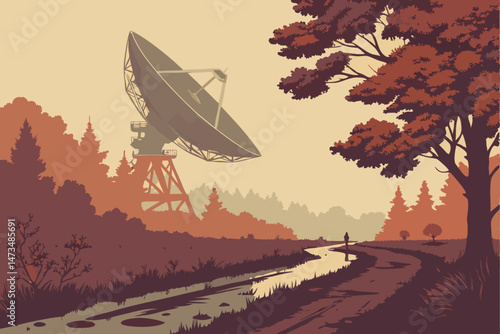 68 wide angle shot of a large radio telescope dish in a misty forest landscape, autumn colors, wet grassy pathway leading to telescope, moody and atmospheric scene, detailed, photorealistic, dramatic 