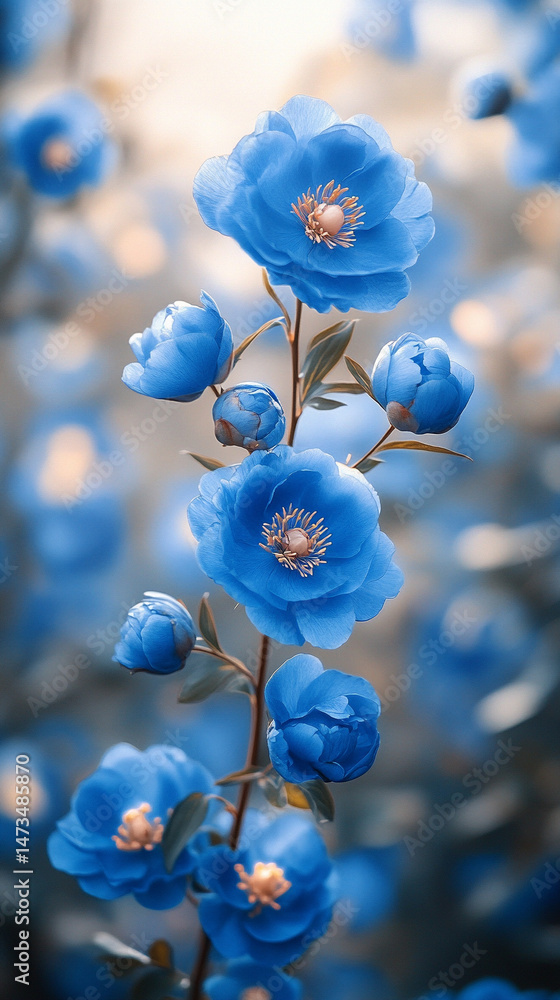 Glowing light baby blue peony flowers illuminated with ethereal spectrum light effects. Symbolizes beauty, purity, and serenity in a dreamy, artistic floral composition with soft glowing hues.