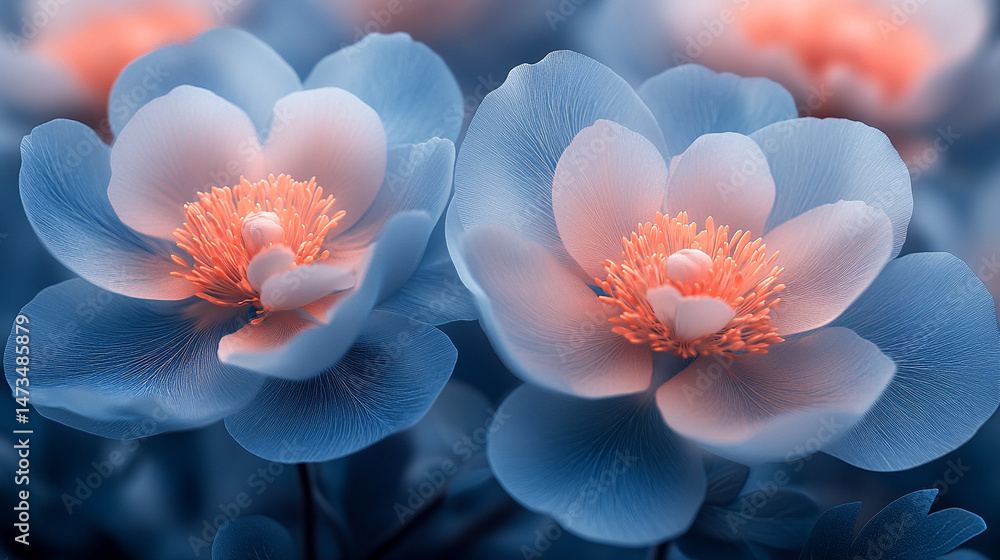 Glowing light baby blue peony flowers illuminated with ethereal spectrum light effects. Symbolizes beauty, purity, and serenity in a dreamy, artistic floral composition with soft glowing hues.