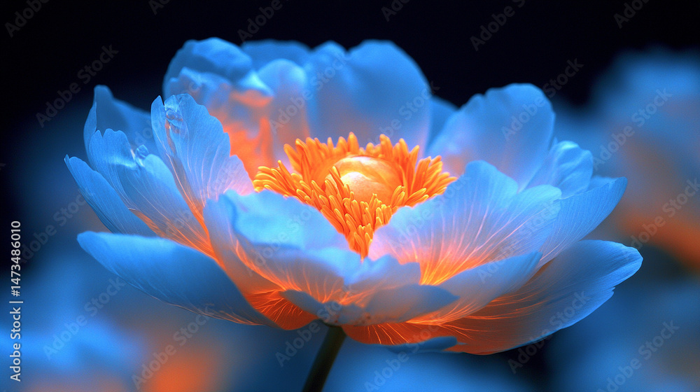 Glowing light baby blue peony flowers illuminated with ethereal spectrum light effects. Symbolizes beauty, purity, and serenity in a dreamy, artistic floral composition with soft glowing hues.