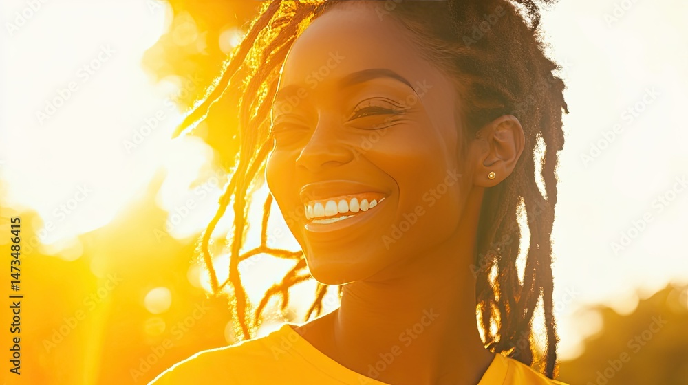 A joyful woman with braided hair adorned with colorful beads and a head wrap laughs exuberantly.