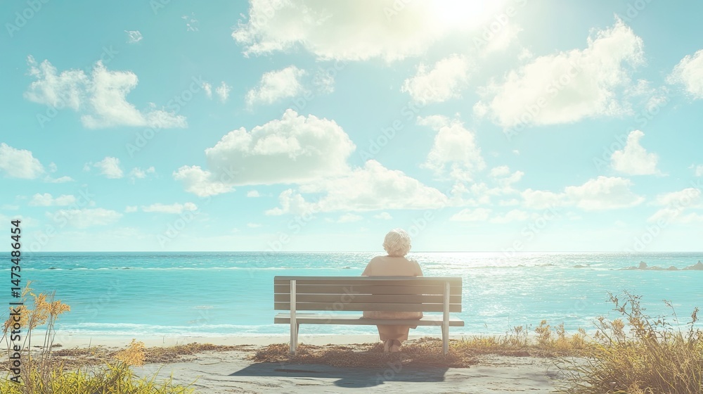 An elderly couple sits closely together on a wooden deck, overlooking a serene beach with gentle waves.