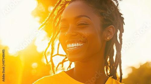 Obraz na płótnie A joyful woman with braided hair adorned with colorful beads and a head wrap laughs exuberantly. w salonie