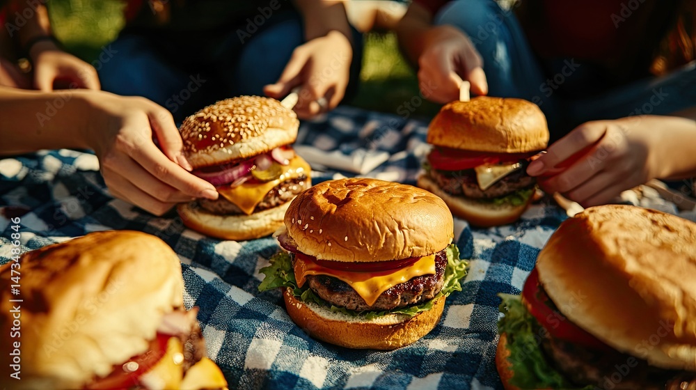 A group of five friends enjoys a sunny day outdoors, sitting on a rock with scenic surroundings.
