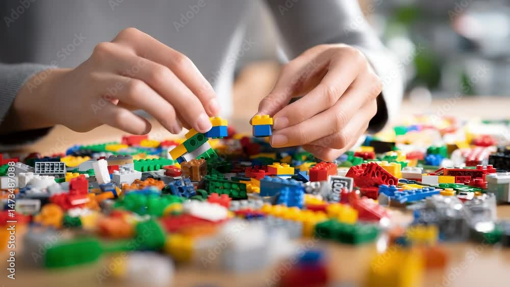 Woman assembling colorful interlocking plastic bricks on a wooden table, engaging in a creative and playful activity, possibly in a home or office setting Woman assembling colorful interlocking plastic bricks on a wooden table, engaging in a creative and playful activity, possibly in a home or office setting
