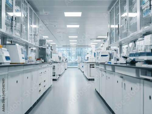 Modern laboratory interior with sterile white equipment.