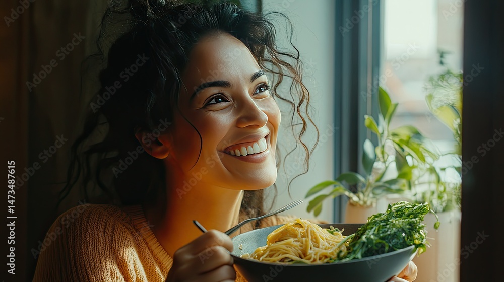 A smiling woman with long, wavy hair holds a wooden bowl filled with salad, while a spoon is poised near her mouth.