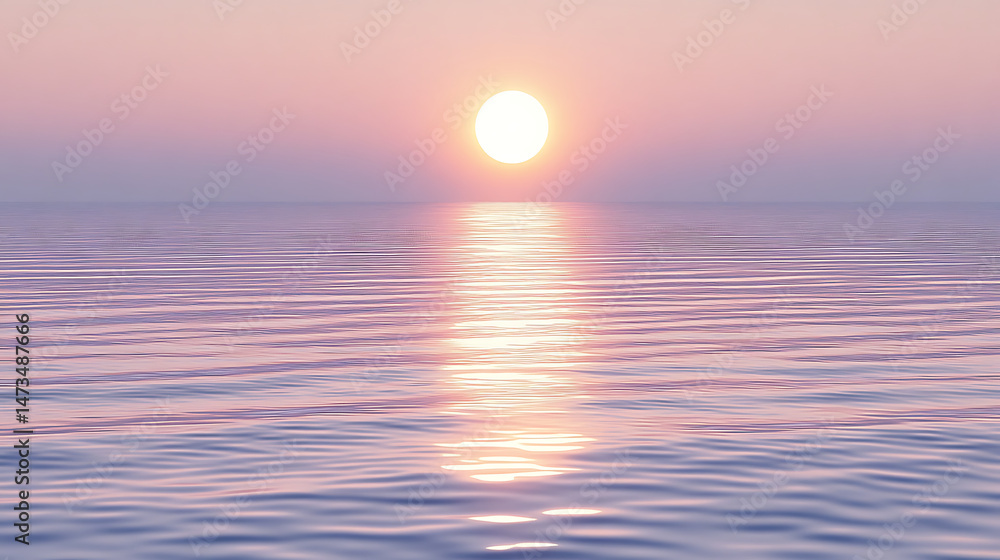 Obraz premium Sun reflecting on calm sea surface during a pastel sunset