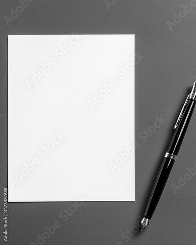 A white sheet of paper on the table with a black fountain pen next to it, top view, flat lay.