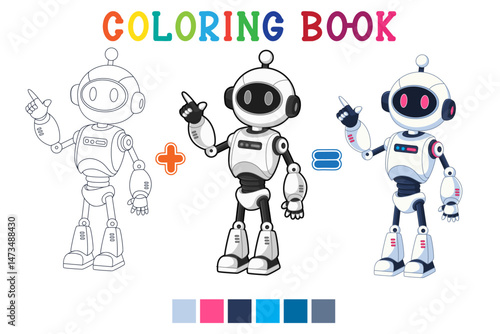 Cute white robot cartoon pointing at something in coloring book style