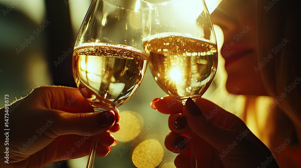Two hands clink glasses of white wine in a toast against a scenic backdrop of rolling hills and a bright sky.