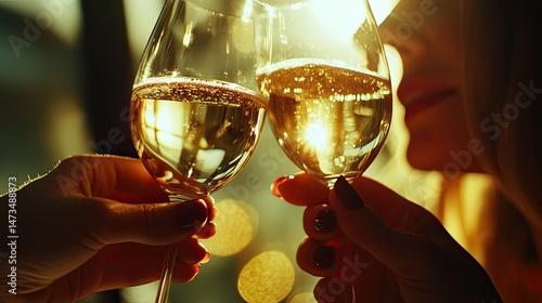 Obraz na płótnie Two hands clink glasses of white wine in a toast against a scenic backdrop of rolling hills and a bright sky. w salonie