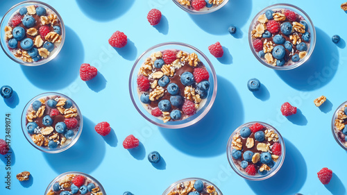 an advertisement for a fruit bowl company , product shot, eye level downward angle shot , 4 Blueberry parfait fruit bowl with nuts, blueberry , chocolate drizzle and coconut flakes on top , in a clear