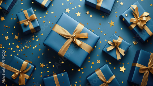 
An elegant composition of gift boxes wrapped in deep blue paper with shiny gold ribbons arranged on a rich blue background. The scene includes gold star decorations and scattered gold confetti, enhan