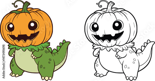 Playful cartoon dinosaur character with a pumpkin head, shown in full color and black-and-white line art versions