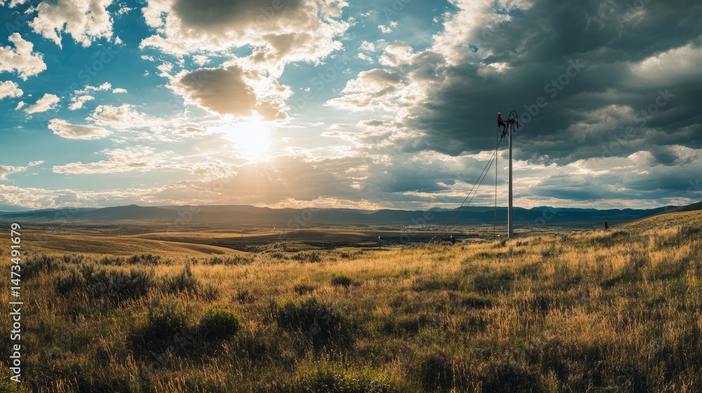 Obraz premium Lone Lineman at Sunset Dramatic Rural Landscape