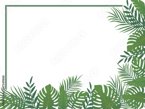 Bright horizontal top corner frame of tropical greenery. Tropical leaves frame. Vector design illustration. Hand drawnBright horizontal corner frame of tropical greenery. Frame of tropical leaves. Vec