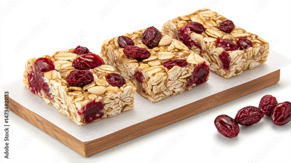 Homemade Food Concept, Nutty fruit bars made with oats and berries on a wooden board, showcasing a healthy snack option. Homemade Food Concept, Nutty fruit bars made with oats and berries on a wooden board, showcasing a healthy snack option.