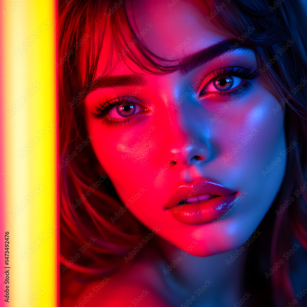 Vibrant Aura Portrait: Captivating close-up shot of a woman's face enveloped in a dynamic play of red and blue neon light, highlighting the subject's striking features and expressive gaze. Vibrant Aura Portrait: Captivating close-up shot of a woman's face enveloped in a dynamic play of red and blue neon light, highlighting the subject's striking features and expressive gaze.