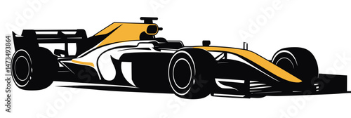 Minimalist flat vector illustration of high speed formula one racing car with aerodynamic design and yellow black color scheme on white background