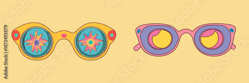 Pair of colorful retro 1970s style psychoactive round and cat eye sunglasses with psychedelic starburst and crescent moon patterns on lenses vector illustration flat minimalist design