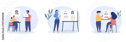 Human resources recruitment process illustration with candidates interviewing HR manager and reviewing resumes in minimalist flat style