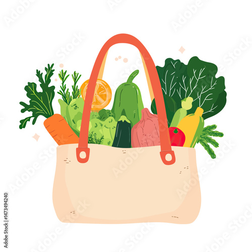 Eco friendly textile bag filled with fresh vegetables including carrot kale pepper squash zucchini tomato and herbs for sustainable grocery shopping concept flat vector illustration