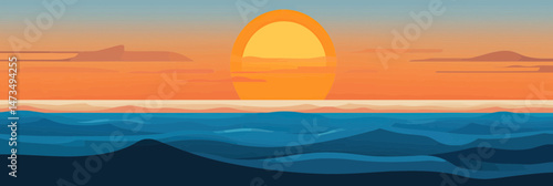 Minimalist vector illustration of vibrant sunset over layered ocean waves with flat design style and warm orange sky gradient