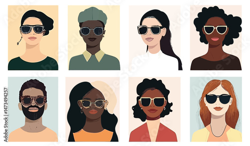 Diverse group of eight women and men wearing fashionable sunglasses in flat minimalist vector style portraits with varied skin tones and hairstyles